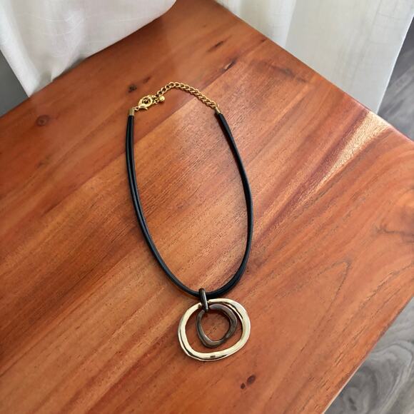 Two Tone Gold Bronze Rings Pendant Necklace Black Leather Cord Adjustable - Picture 2 of 8